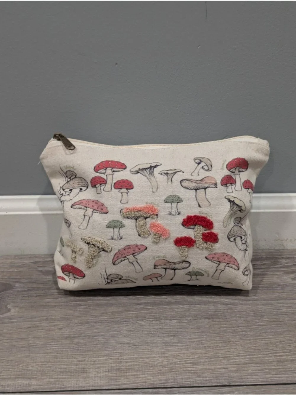 Canvas  Cosmetic Makeup Bag Vintage Botanical Mushroom Print Embroidered Detail